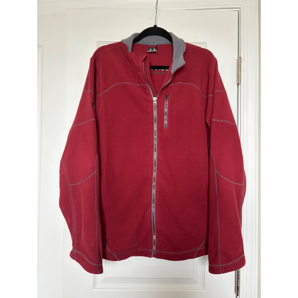 Under Armour Mens Red Full Zip Fleece Jacket Mock Neck Chest Pocket Large